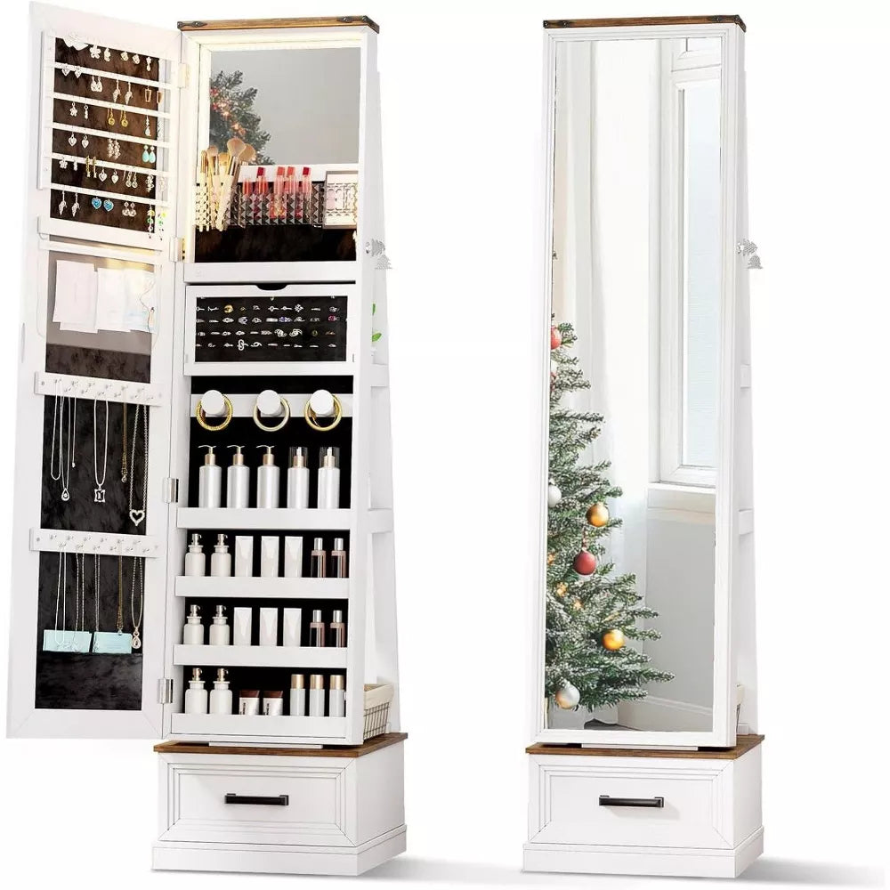 FONTOI Jewelry Armoire, Mirror Jewelry Cabinet Standing with Wheels 15.74"D x 14.56"W x 58.74"H