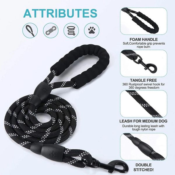 6.5 ft Reflective Rope Dog Leash with Padded Handle for Small Medium and Large Dogs
