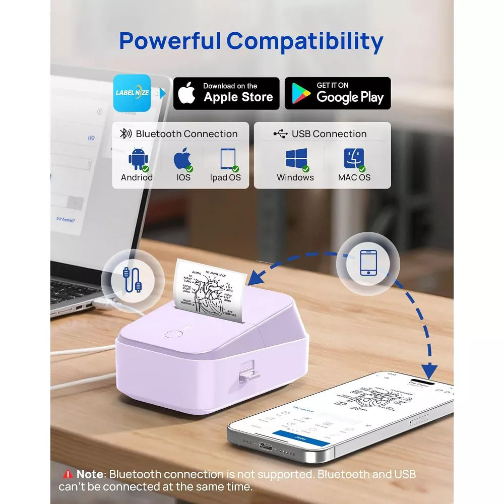 2 Inch Bluetooth Label Printer - Inkless Portable Label Maker with Tape, Purple, for Home & Office Organization