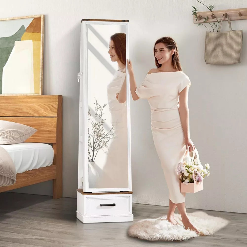 FONTOI Jewelry Armoire, Mirror Jewelry Cabinet Standing with Wheels 15.74"D x 14.56"W x 58.74"H