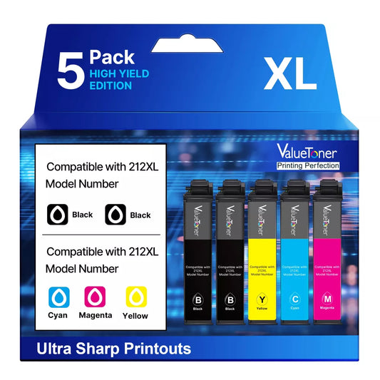Remanufactured Epson 212XL Ink Cartridges 5-Pack for XP-4100/4105, WF-2850/2830