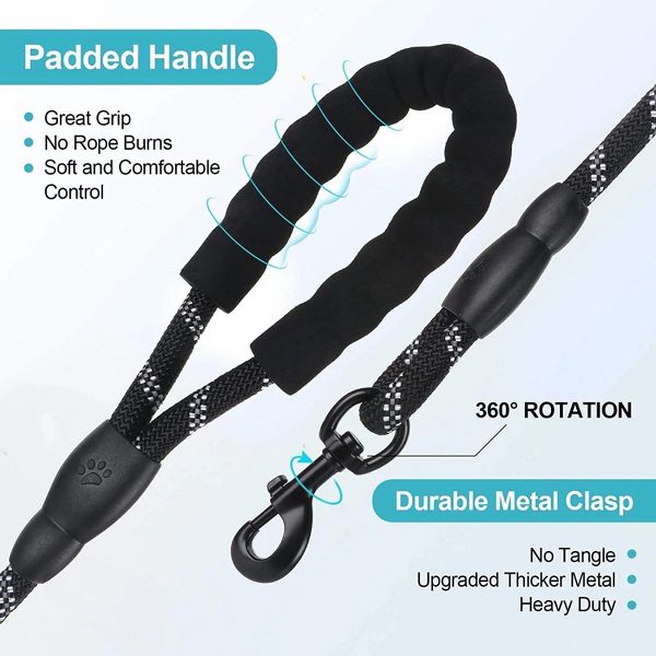 6.5 ft Reflective Rope Dog Leash with Padded Handle for Small Medium and Large Dogs