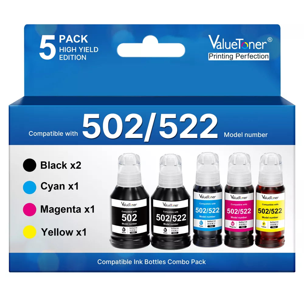 Replacement Ink Refill Bottles for Epson 522, High Capacity 5-Pack for EcoTank ET-2800 ET-2720 ET-4800