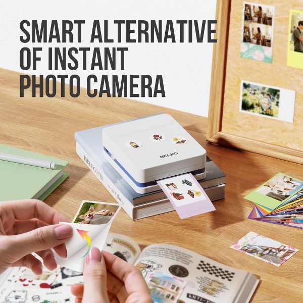 Portable Photo Printer, PP03 Color Mini Photo Printer for iPhone & Android, with 50 Sheets of Photo Paper, Bluetooth Printer for Family, White
