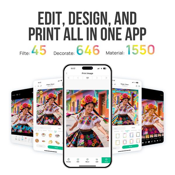 Portable Photo Printer, PP03 Color Mini Photo Printer for iPhone & Android, with 50 Sheets of Photo Paper, Bluetooth Printer for Family, White