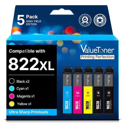 Remanufactured Epson 822XL Ink Cartridges 5-Pack for WF-3820/4820/4830/3823/4833 Printers