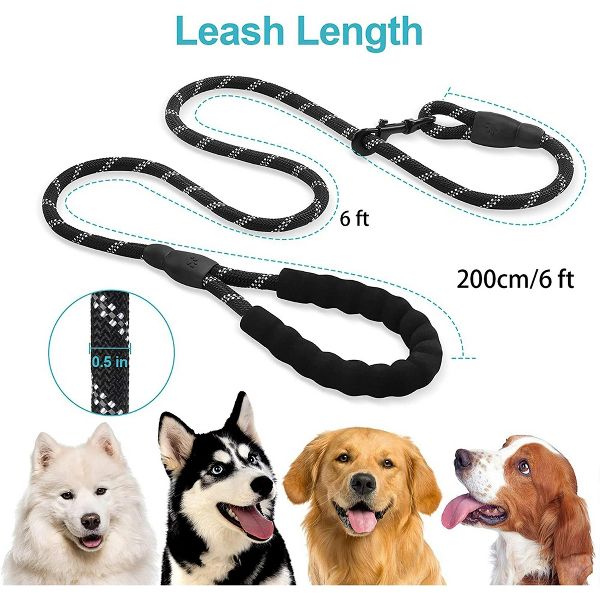 6.5 ft Reflective Rope Dog Leash with Padded Handle for Small Medium and Large Dogs