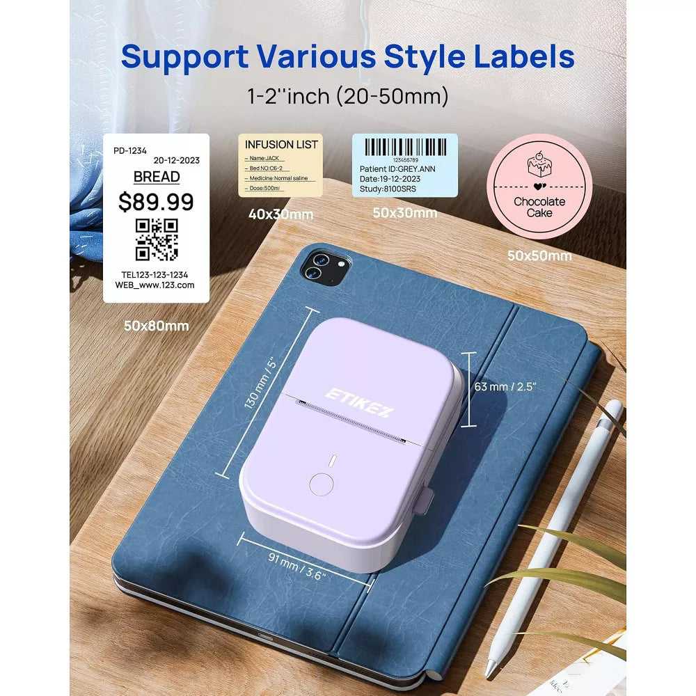 2 Inch Bluetooth Label Printer - Inkless Portable Label Maker with Tape, Purple, for Home & Office Organization