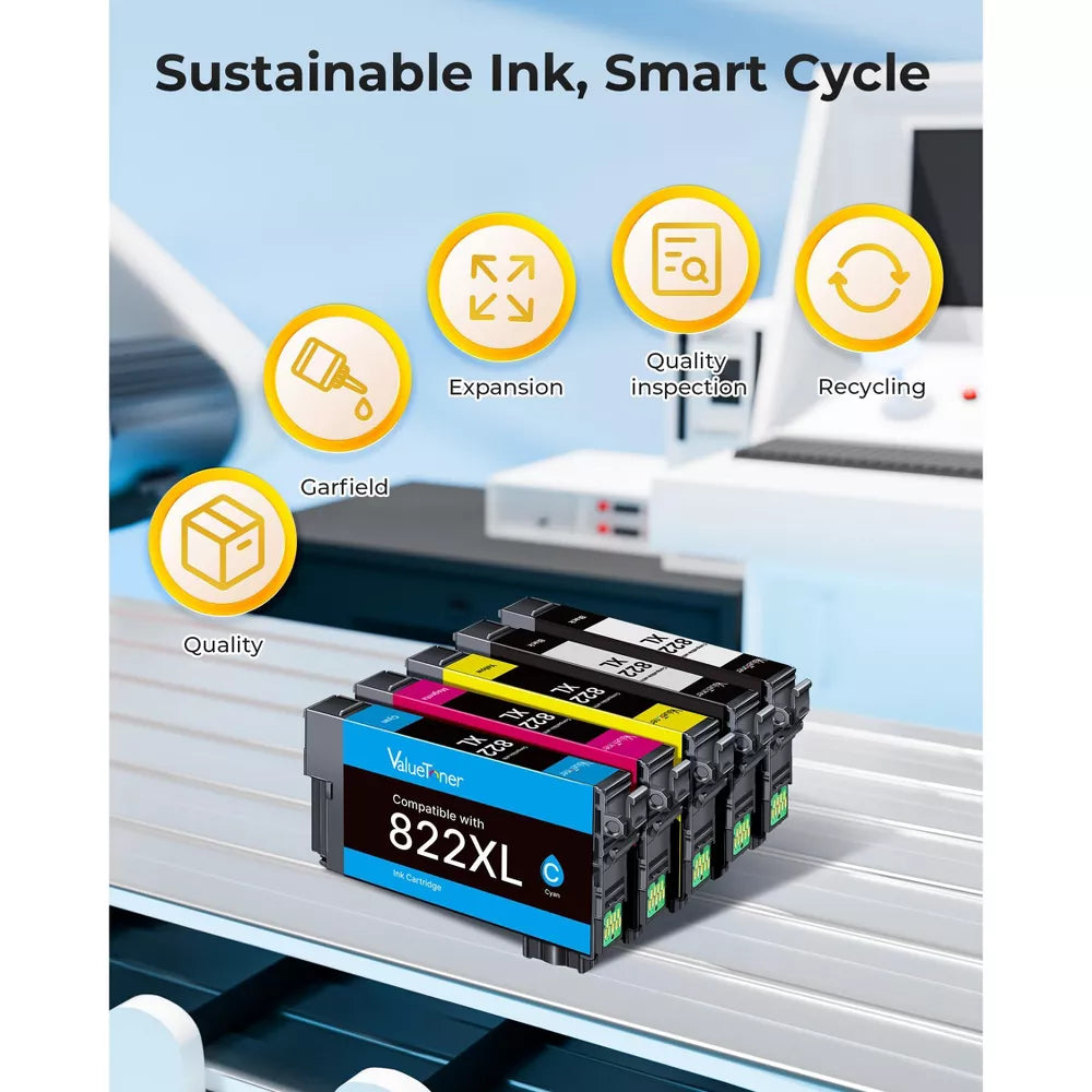 Remanufactured Epson 822XL Ink Cartridges 5-Pack for WF-3820/4820/4830/3823/4833 Printers
