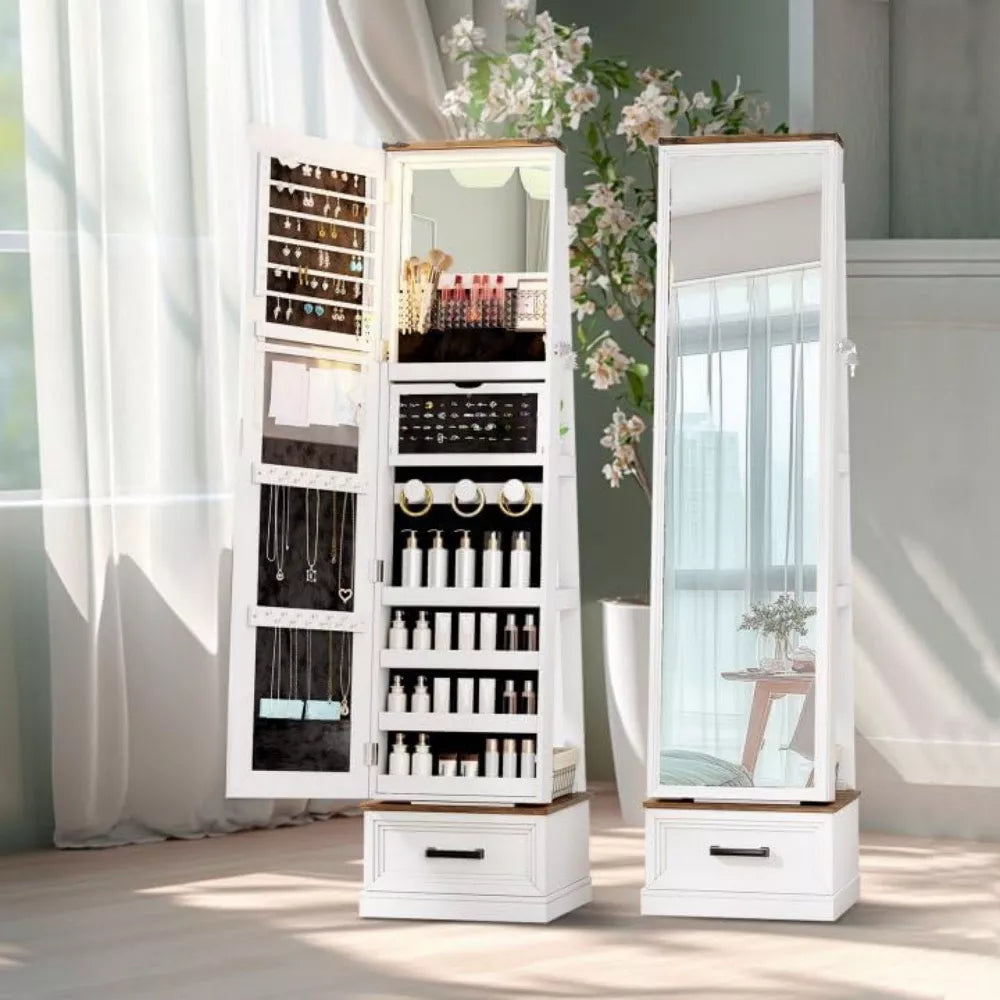 FONTOI Jewelry Armoire, Mirror Jewelry Cabinet Standing with Wheels 15.74"D x 14.56"W x 58.74"H
