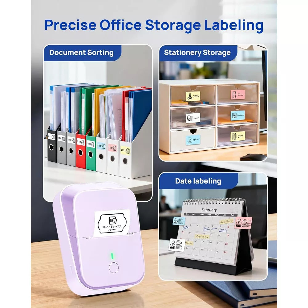2 Inch Bluetooth Label Printer - Inkless Portable Label Maker with Tape, Purple, for Home & Office Organization