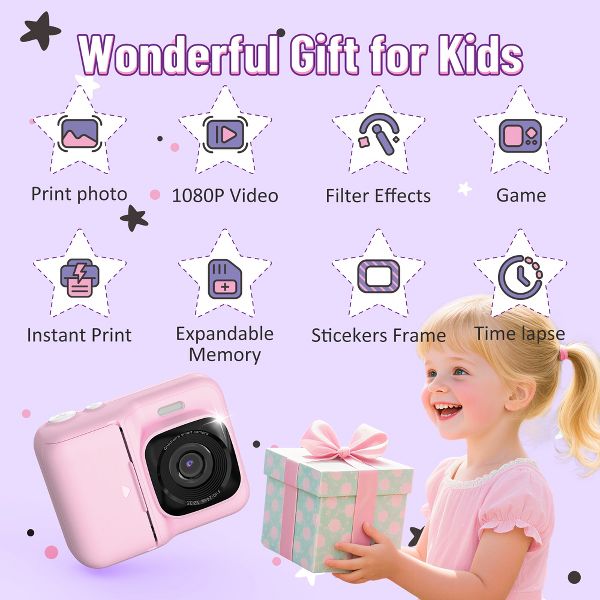 Kids Instant Print Camera, 1080P Digital Camera with 32GB SD Card & 3 Paper Rolls. Christmas Birthday Gift for 4-10 Year Old Girls Boys, Pink