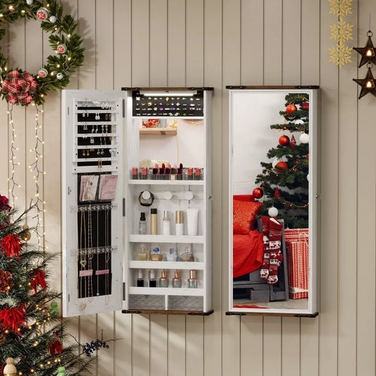 FONTOI Jewelry Armoires, Wall Mount Mirror Jewelry Cabinet with Compartments, Hanging Full Length Mirror with Secure Lock, White, 5.71"x16.14"x42.52"