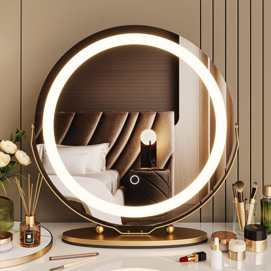 9" Vanity Mirror with LED Lights, Round Makeup Mirror with 3-Color Touch Control, 360° Rotation, Tabletop & Wall-Mount Mirror for Bedroom, Bathroom & Dressing Room, Gold
