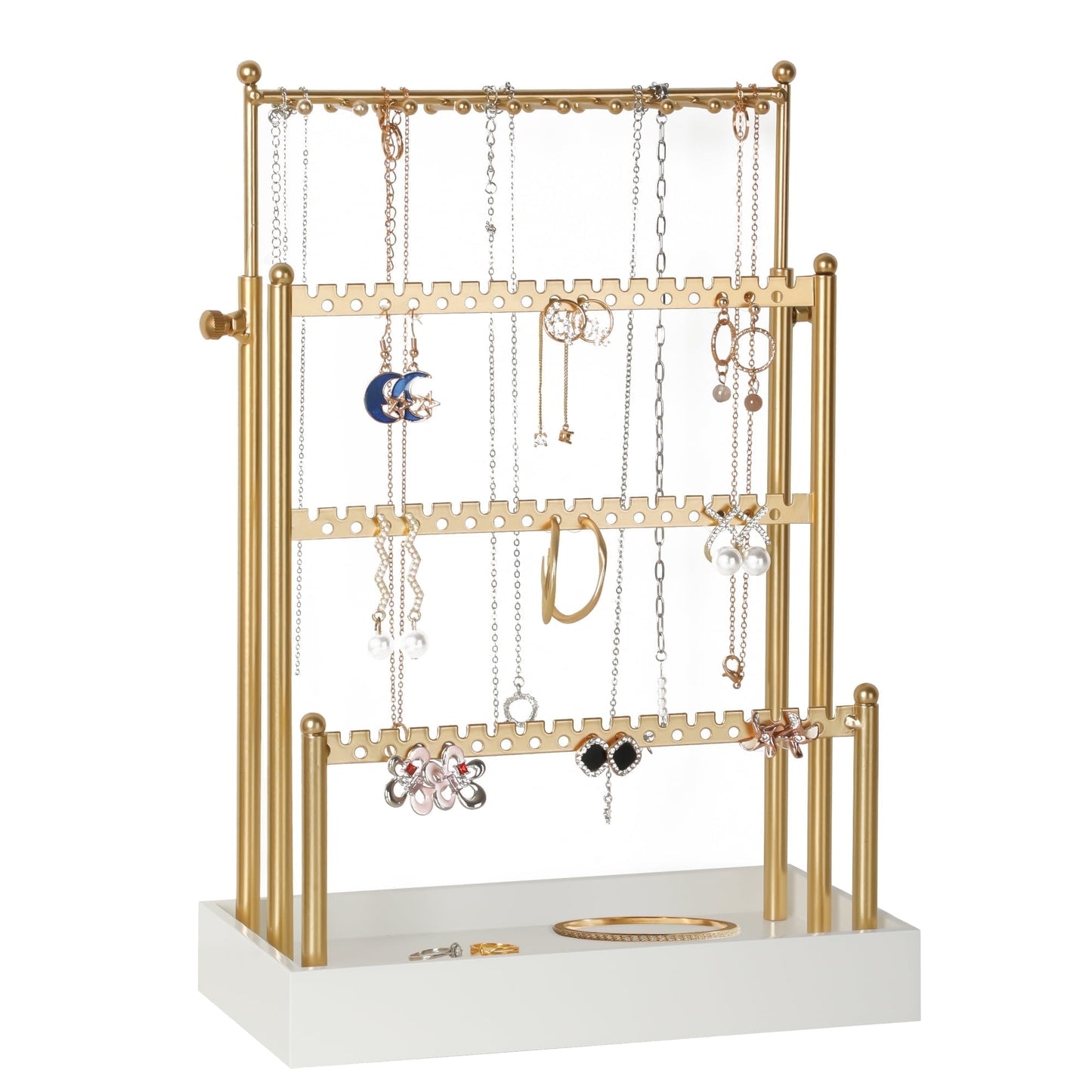 3-Tier Adjustable Earring Necklace Holder Organizer Stand, Gold Jewelry Display Tree with 105 Slots, 10 Double-Sided Hooks, White Tray for Women, Girls