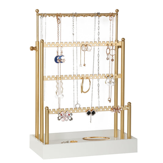 3-Tier Adjustable Earring Necklace Holder Organizer Stand, Gold Jewelry Display Tree with 105 Slots, 10 Double-Sided Hooks, White Tray for Women, Girls