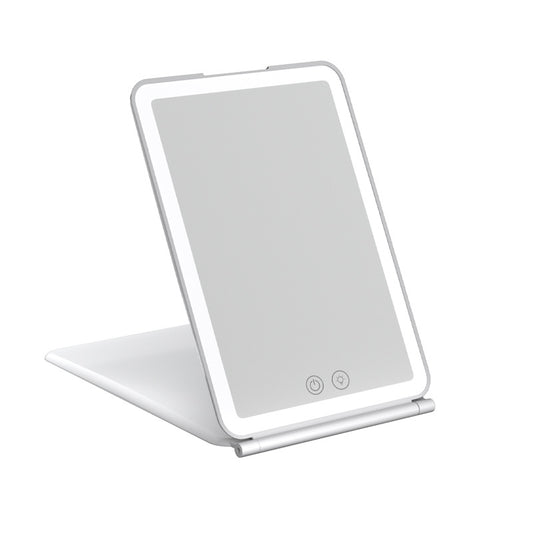 Rechargeable Travel Makeup Mirror with Led Lights, Portable Lighted Beauty Mirror, 3 Color Lighting, Dimmable Touch Screen, Tabletop LED Folding Cosmetic Vanity Mirror