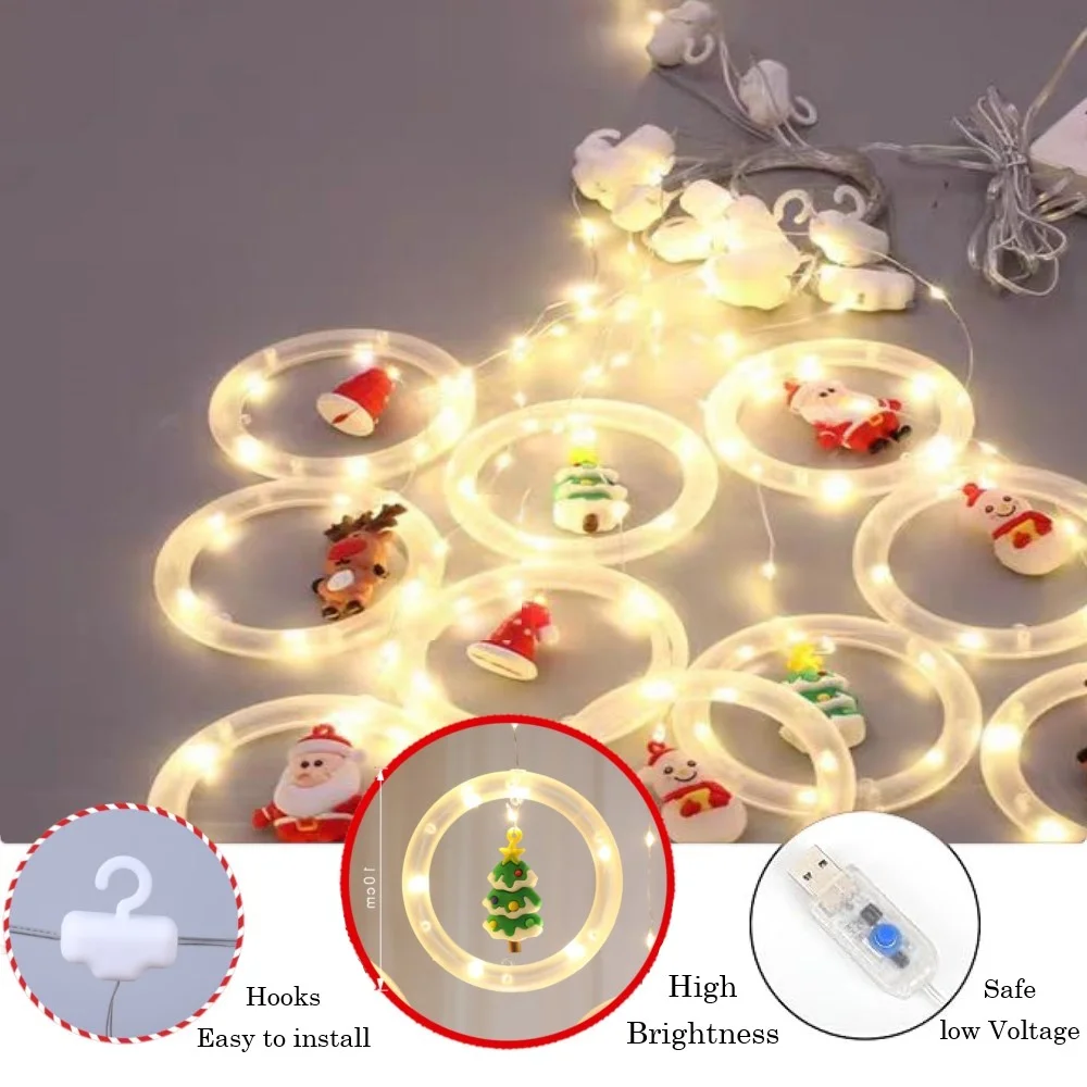 Christmas Curtain Lights 9.8ft 8 Modes Ring String Lights Ornaments Hooks Remote Control Timer