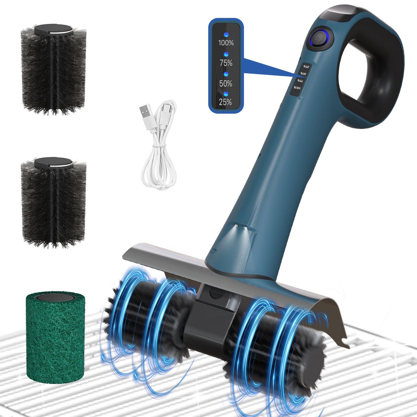 Electric Grill Brush ABS+PA Material IPX5 Waterproof Rating 450 RPM Stainless Steel Roller and LED light Blue