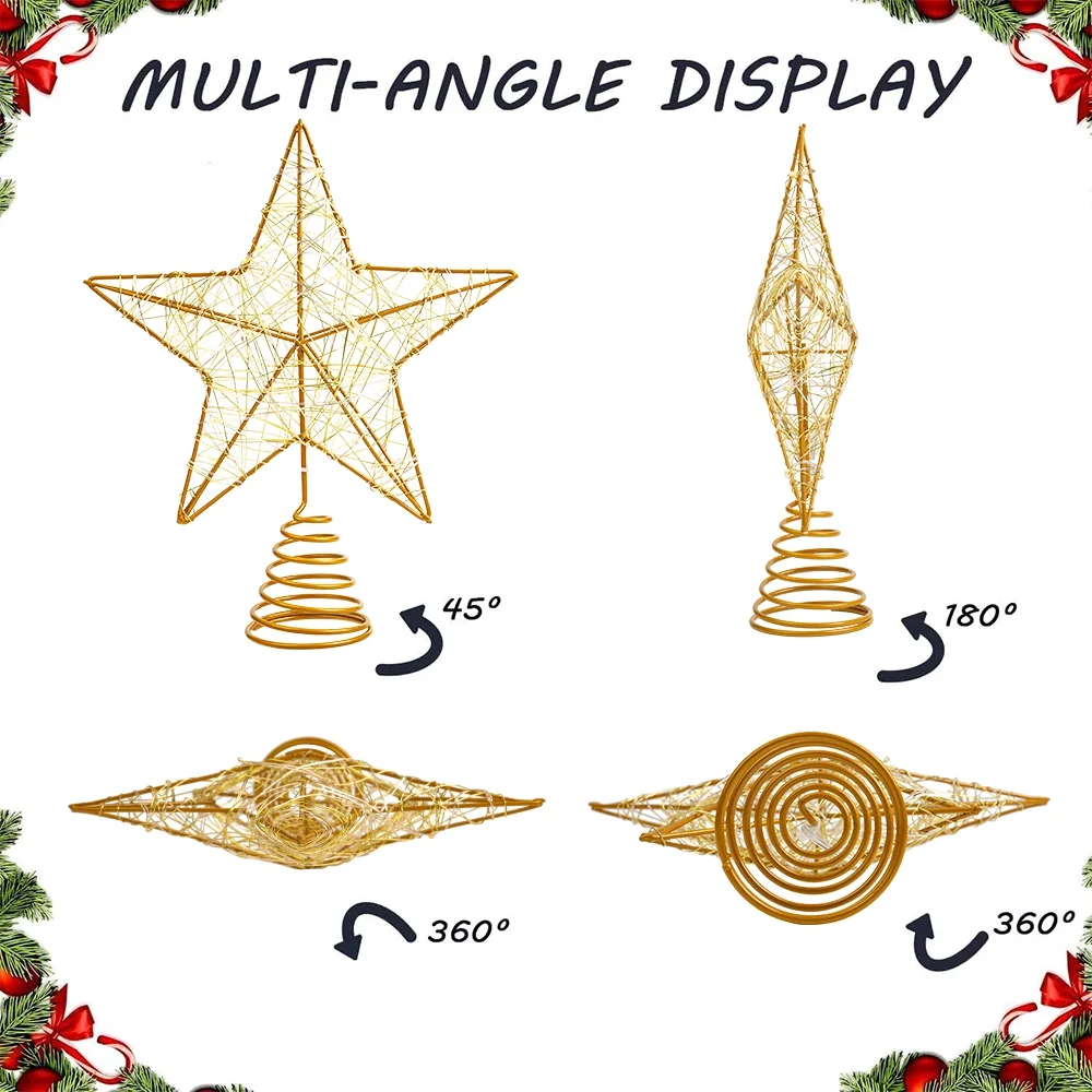 7.8In Christmas Star Tree Topper, LED Light up Hollow Gold Christmas Tree Star, Lighted Christmas Tree Topper