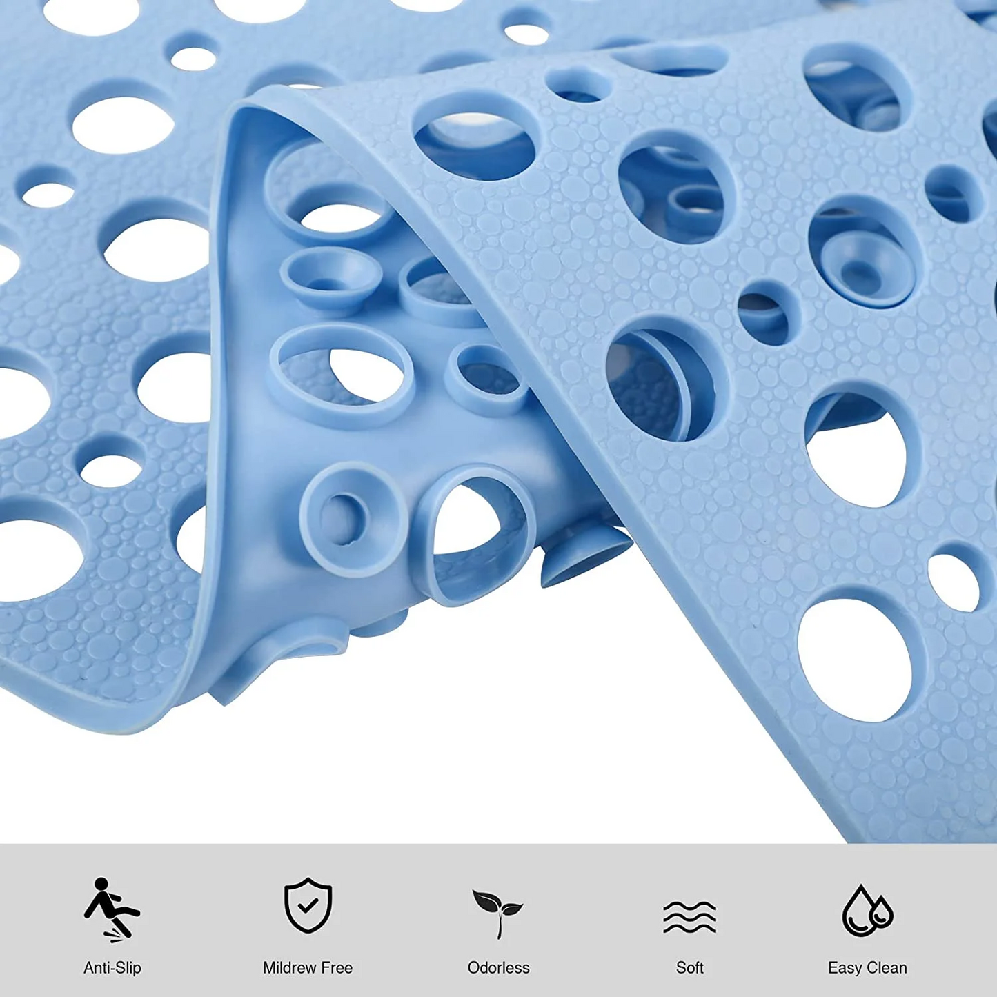 30 x 17 Inch Bathroom Non Slip Shower Mat with Suction Cup and Drain Hole Bathtub Nonslip Mat, Super Soft PVC Bathroom Mat Blue