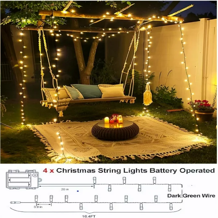 16.4ft White Christmas Tree String Lights 4 Pack Christmas Fairy Lights with 8 Modes Battery Operated Indoor Outdoor Waterproof Lights