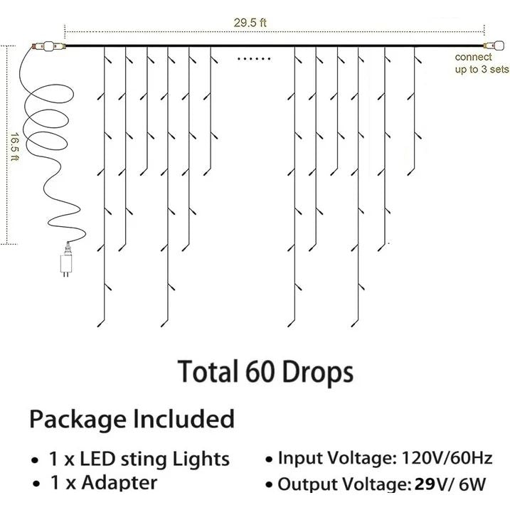 29.5 FT 360 White LEDs and 60 Drop Christmas Icicle String Lights , 8 Lighting Modes,Suitable for Decorating Festivals, Weddings and Eaves