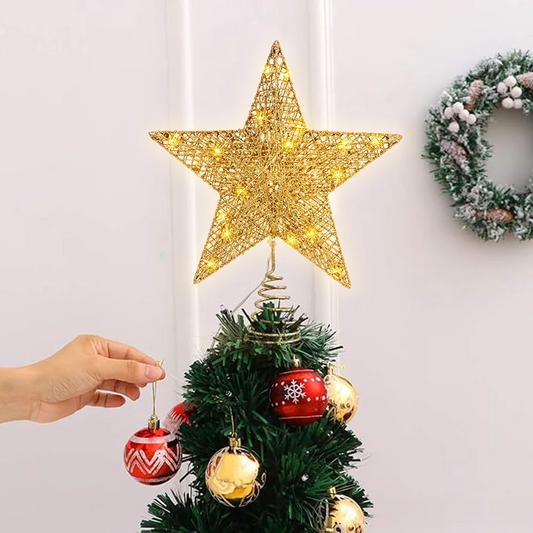 12 Inch Christmas Tree Topper, 30 LED Lighted Glitter Warm Lights Gold Star Tree Topper