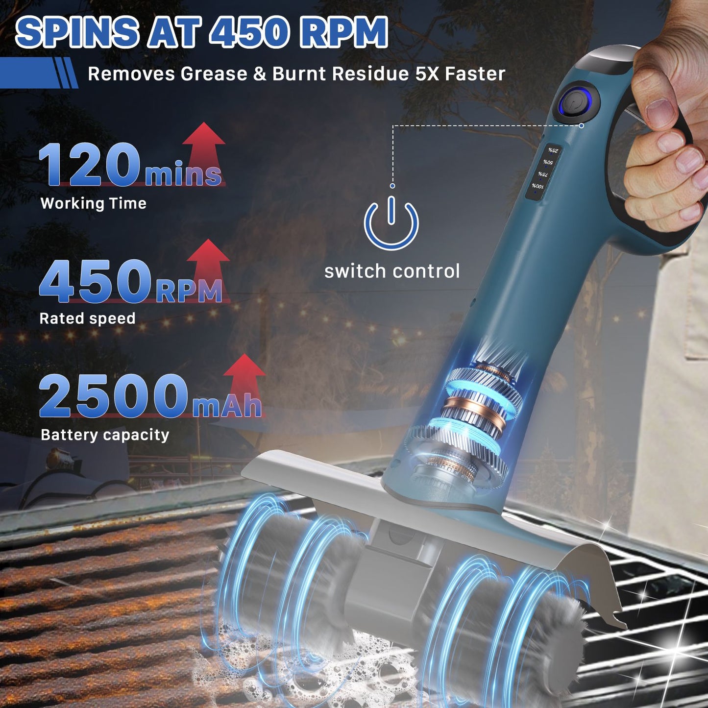 Electric Grill Brush ABS+PA Material IPX5 Waterproof Rating 450 RPM Stainless Steel Roller and LED light Blue