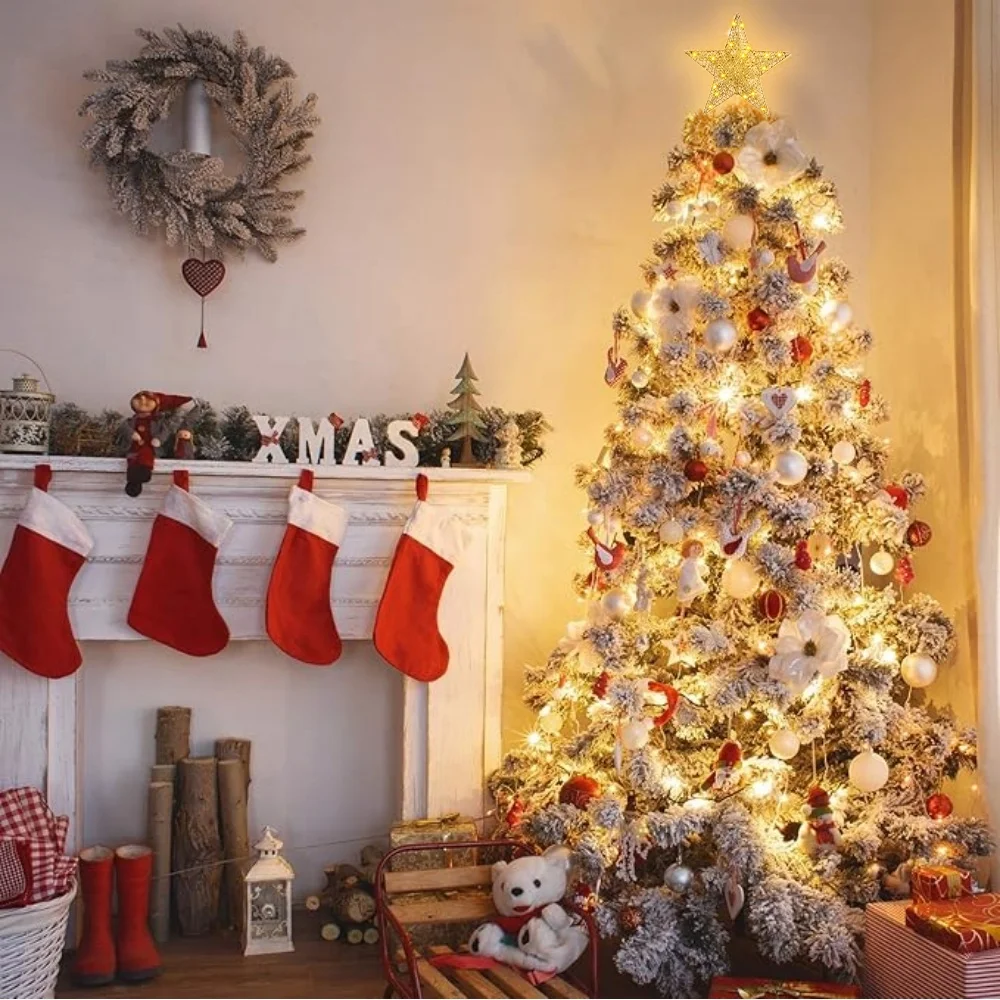 12 Inch Christmas Tree Topper, 30 LED Lighted Glitter Warm Lights Gold Star Tree Topper
