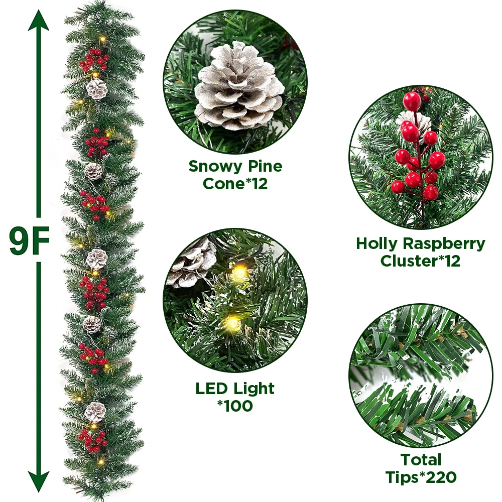 9ft Christmas Garland 50 LED Prelit Artificial Garland with Pine Cones and Berries