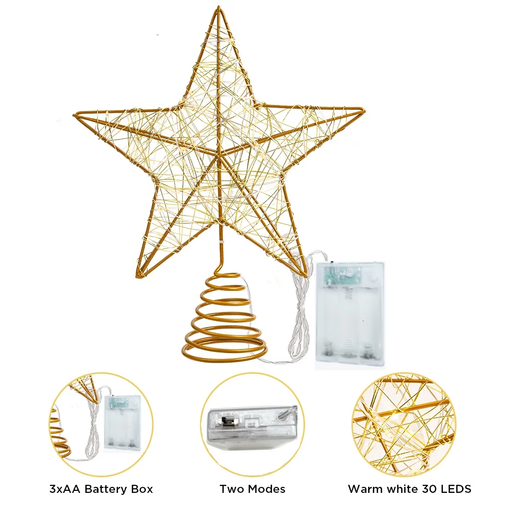 7.8In Christmas Star Tree Topper, LED Light up Hollow Gold Christmas Tree Star, Lighted Christmas Tree Topper