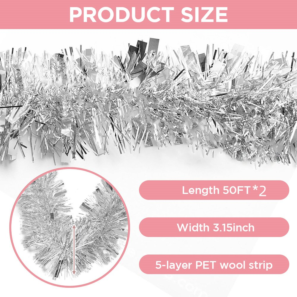 50FT*2 Silver Metallic Twist Shiny Garland for Christmas Tree Decorations, Xmas Hanging Decor for Indoor Outdoor Use