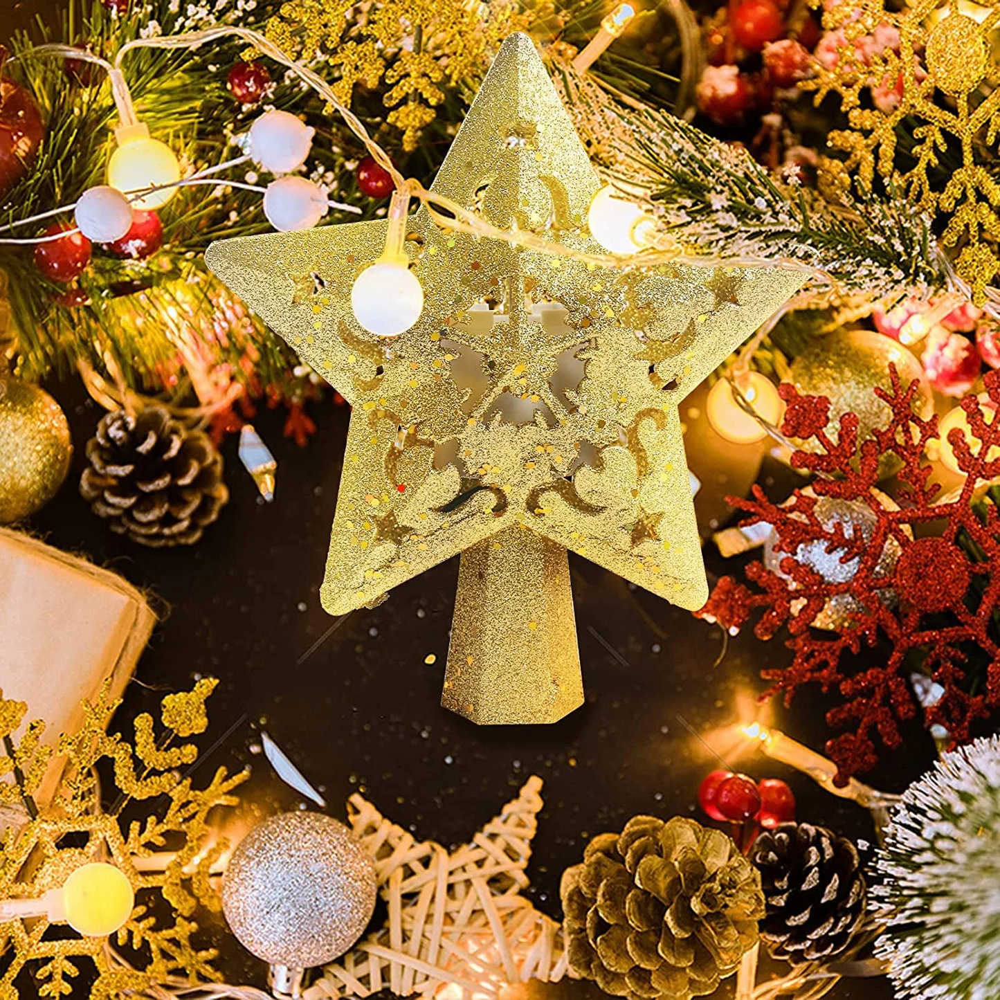 Christmas Star Tree Topper Star Projector Built-in Led 360° Rotating Pentagram Plug in