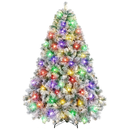 6Ft Christmas Tree 550 Multicolored Lights Snow Flocked Pine Tree 9 Light Lighting Modes Party Decoration