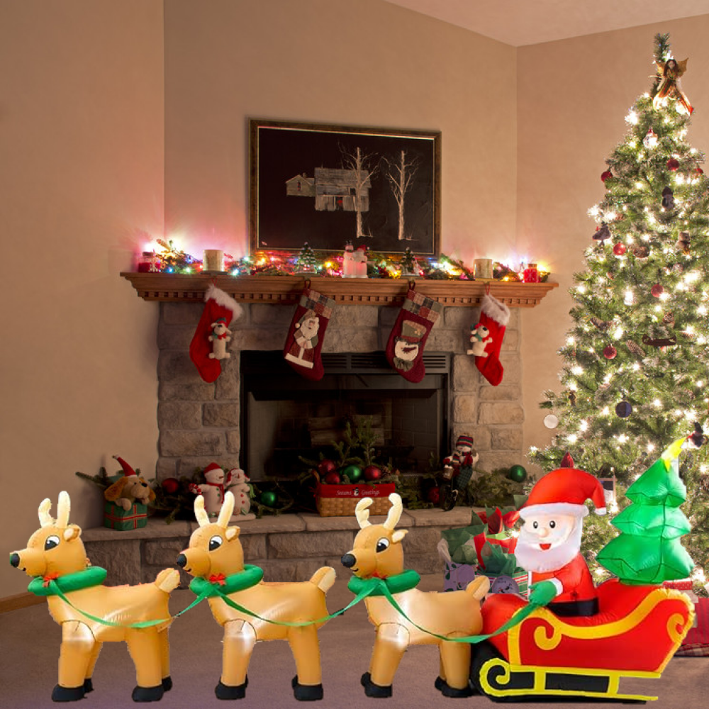 12Ft Inflatables Santa Claus on Sleigh 3 Reindeers Christmas Tree Lighted Xmas Decor Inflatables Christmas Gifts