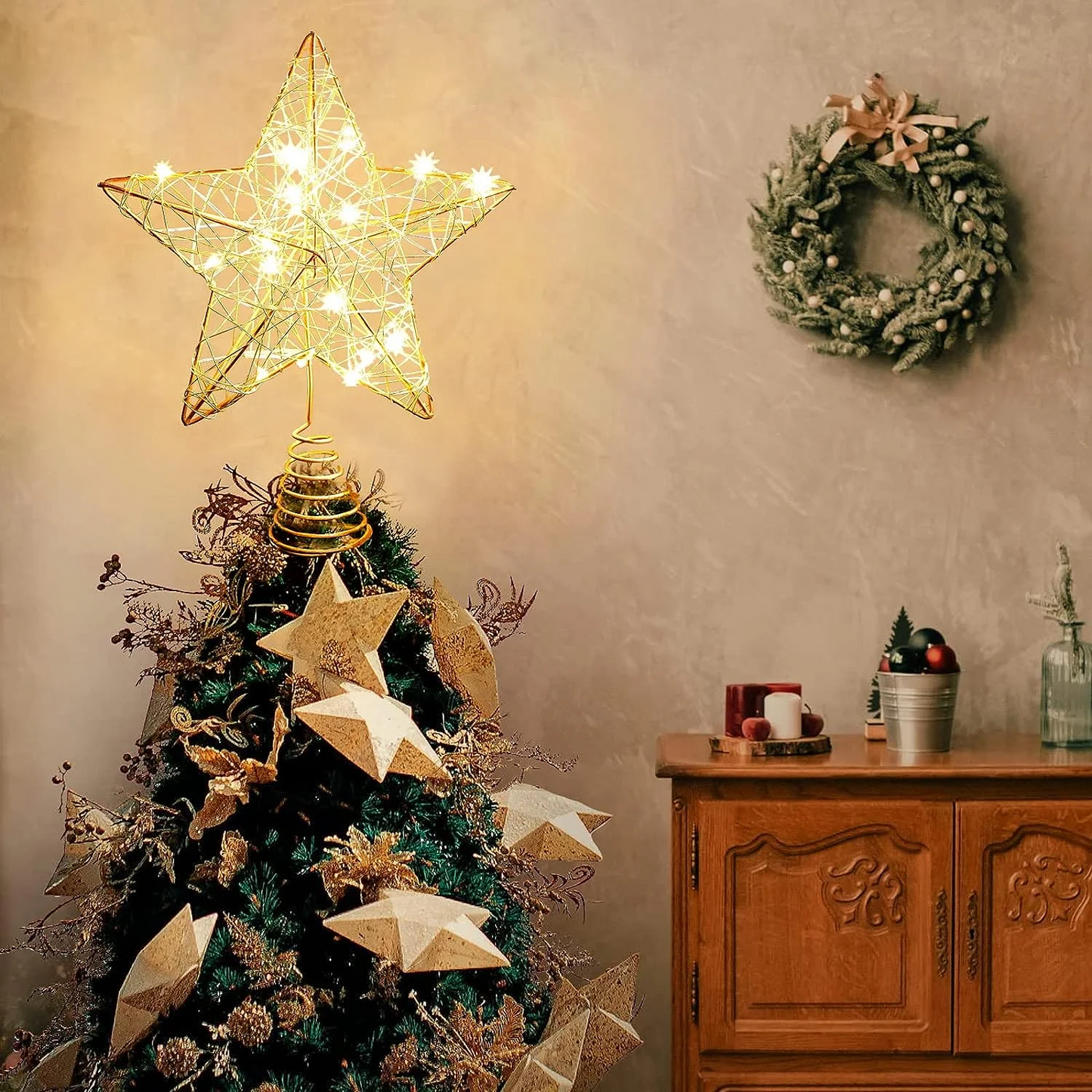 7.8In Christmas Star Tree Topper, LED Light up Hollow Gold Christmas Tree Star, Lighted Christmas Tree Topper