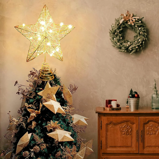 7.8In Christmas Star Tree Topper, LED Light up Hollow Gold Christmas Tree Star, Lighted Christmas Tree Topper