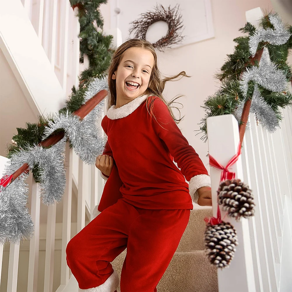 50FT*2 Silver Metallic Twist Shiny Garland for Christmas Tree Decorations, Xmas Hanging Decor for Indoor Outdoor Use