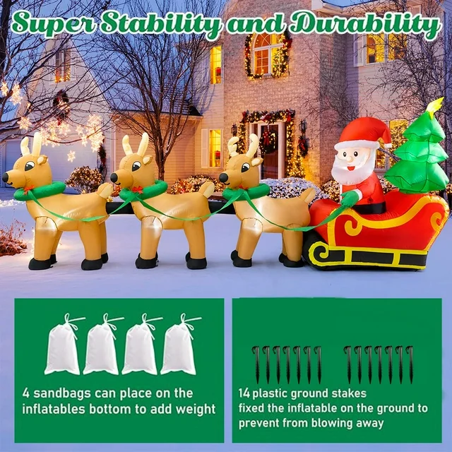 9Ft Inflatables Santa Claus on Sleigh 3 Reindeers Christmas Tree Lighted Xmas Decor Inflatables Christmas Gifts