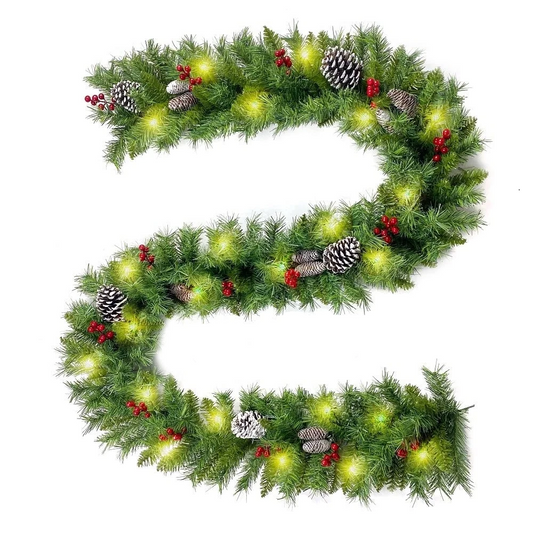 9FT Pre Lit Waterproof Christmas Artificial Garland with 50 LED Lights 20 Snowy Pinecone and 98 Red Berries