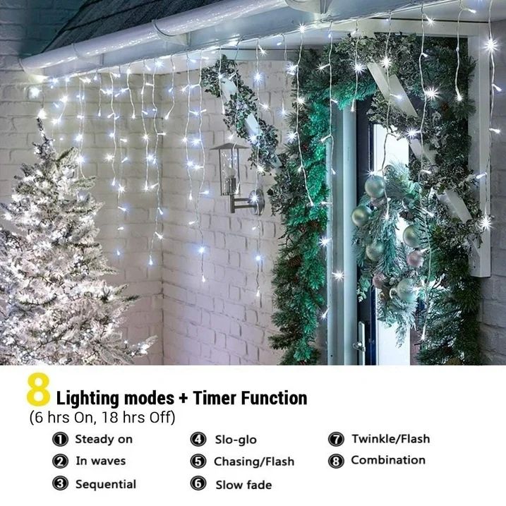 29.5 FT 360 White LEDs and 60 Drop Christmas Icicle String Lights , 8 Lighting Modes,Suitable for Decorating Festivals, Weddings and Eaves
