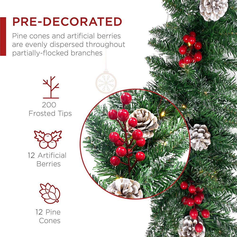 9ft Christmas Garland 50 LED Prelit Artificial Garland with Pine Cones and Berries