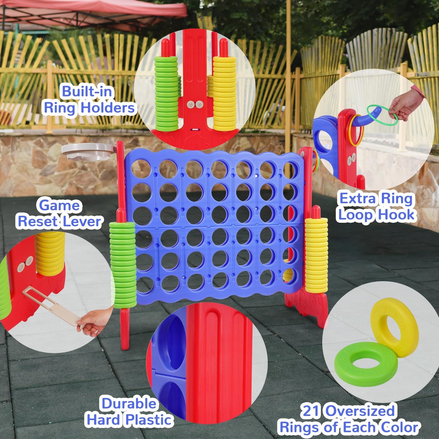 Giant 4-in-a-Row 4 to Score Connect Game with Basketball Hoop and Ring Toss for Kids and Adults, 42 Rings and Quick-Release Slider
