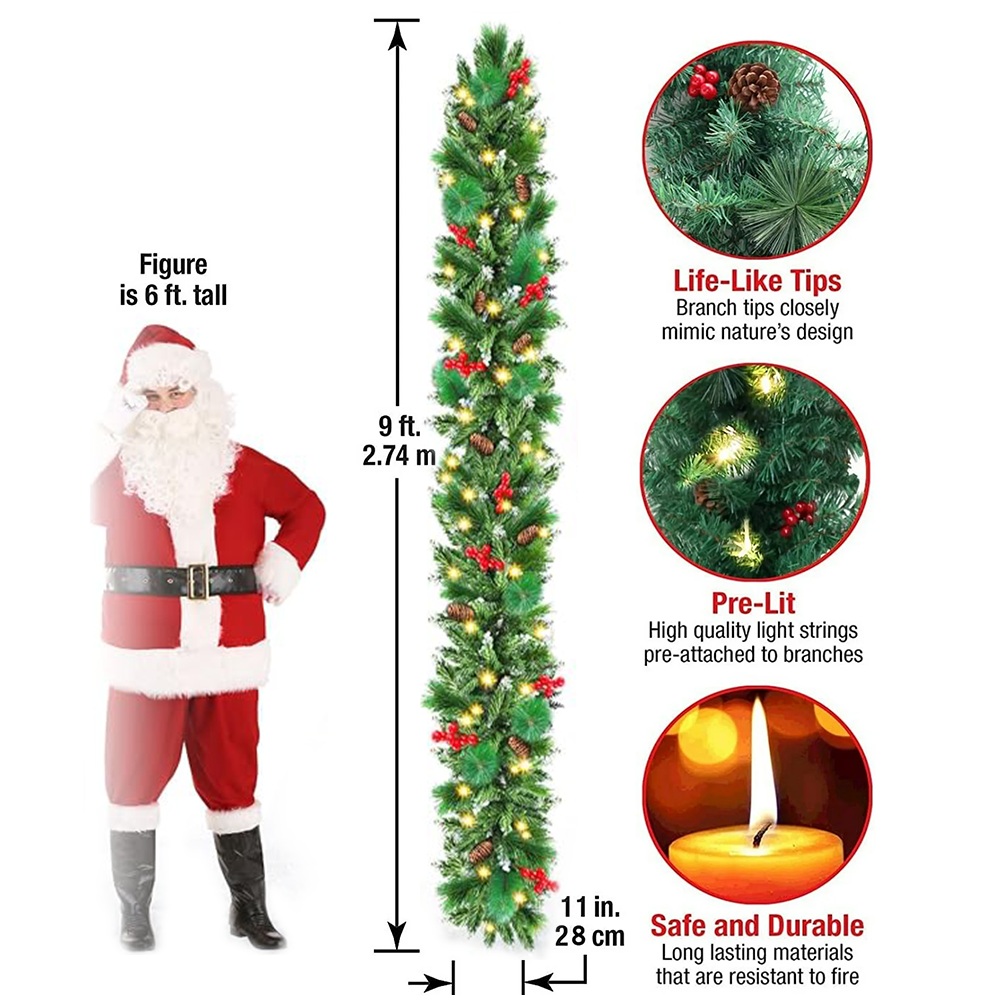 9FT Pre Lit Waterproof Christmas Artificial Garland with 50 LED Lights 20 Snowy Pinecone and 98 Red Berries