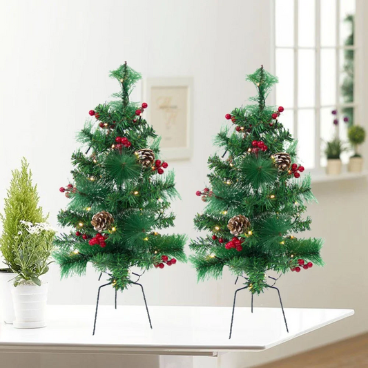 24in Mini Christmas Trees Set of 2 Artificial Christmas Trees Pre Lit 30 LED Lights Pine Berries Xmas Decor