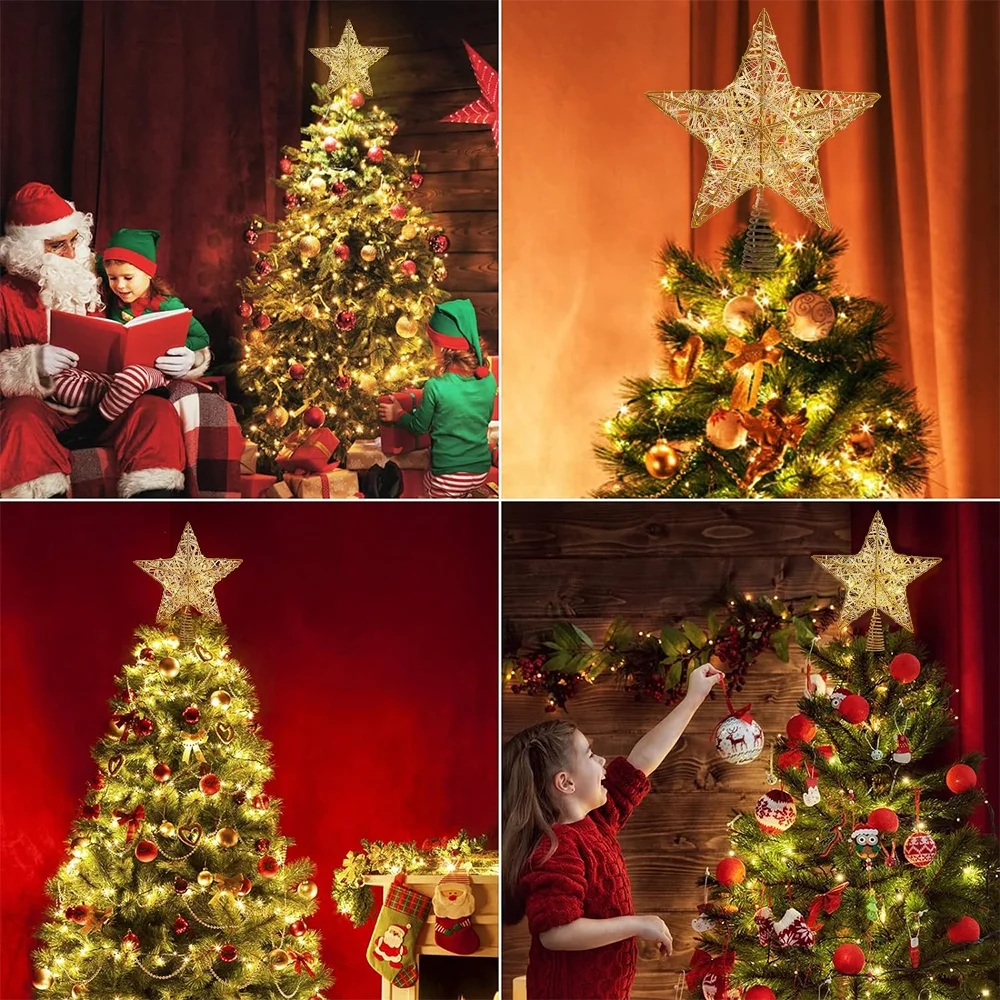 7.8In Christmas Star Tree Topper, LED Light up Hollow Gold Christmas Tree Star, Lighted Christmas Tree Topper