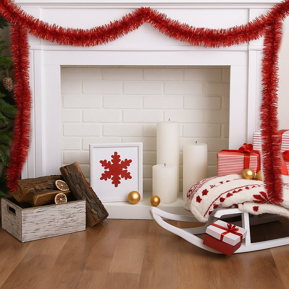 50FT Red Metallic Twist Shiny Garland for Christmas Tree Decorations, Xmas Hanging Decor for Indoor Outdoor Use