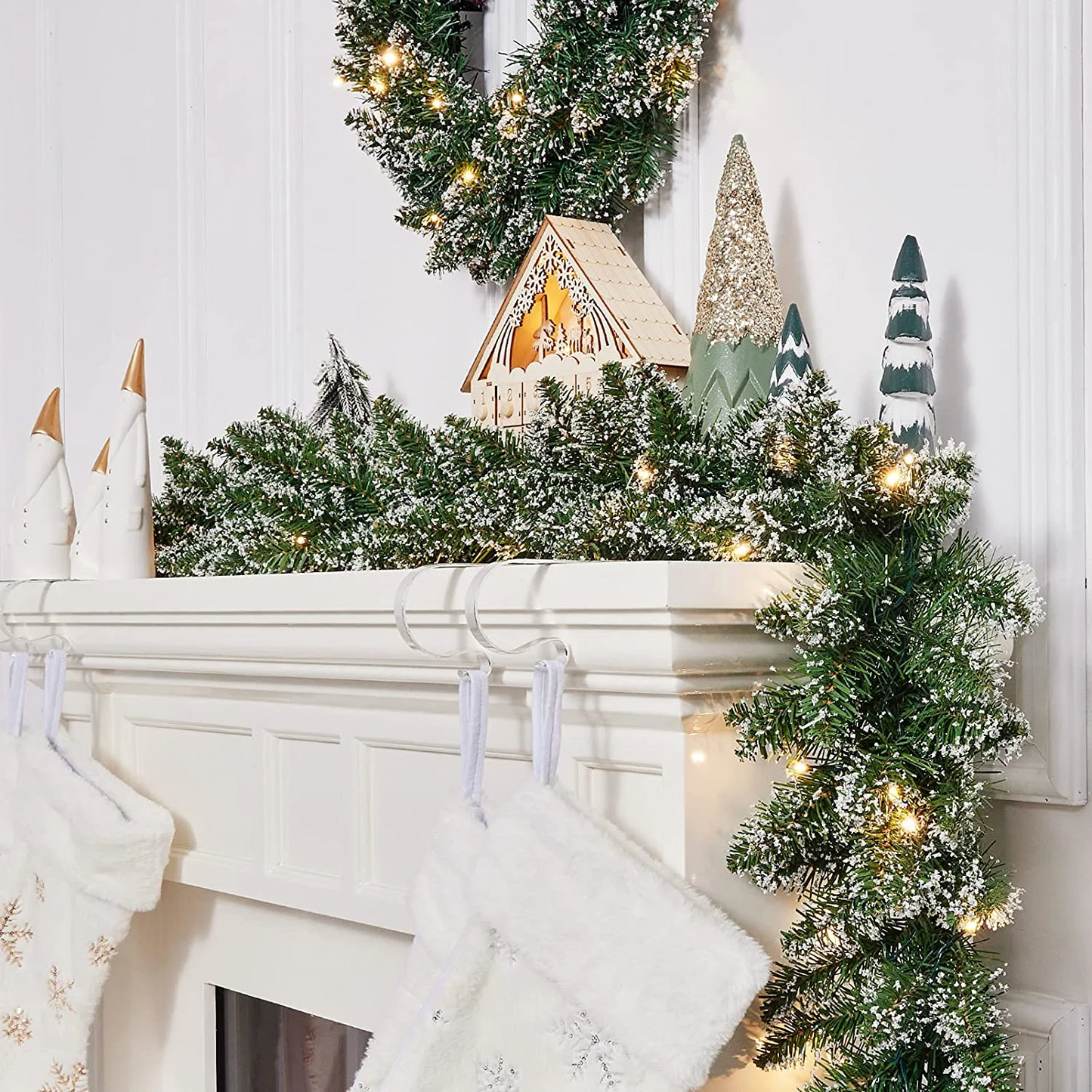 18ft Christmas Garland 50 LED Lights Pre-Lit Artificial Xmas Garland Snow Flocked Wall Christmas Decorations