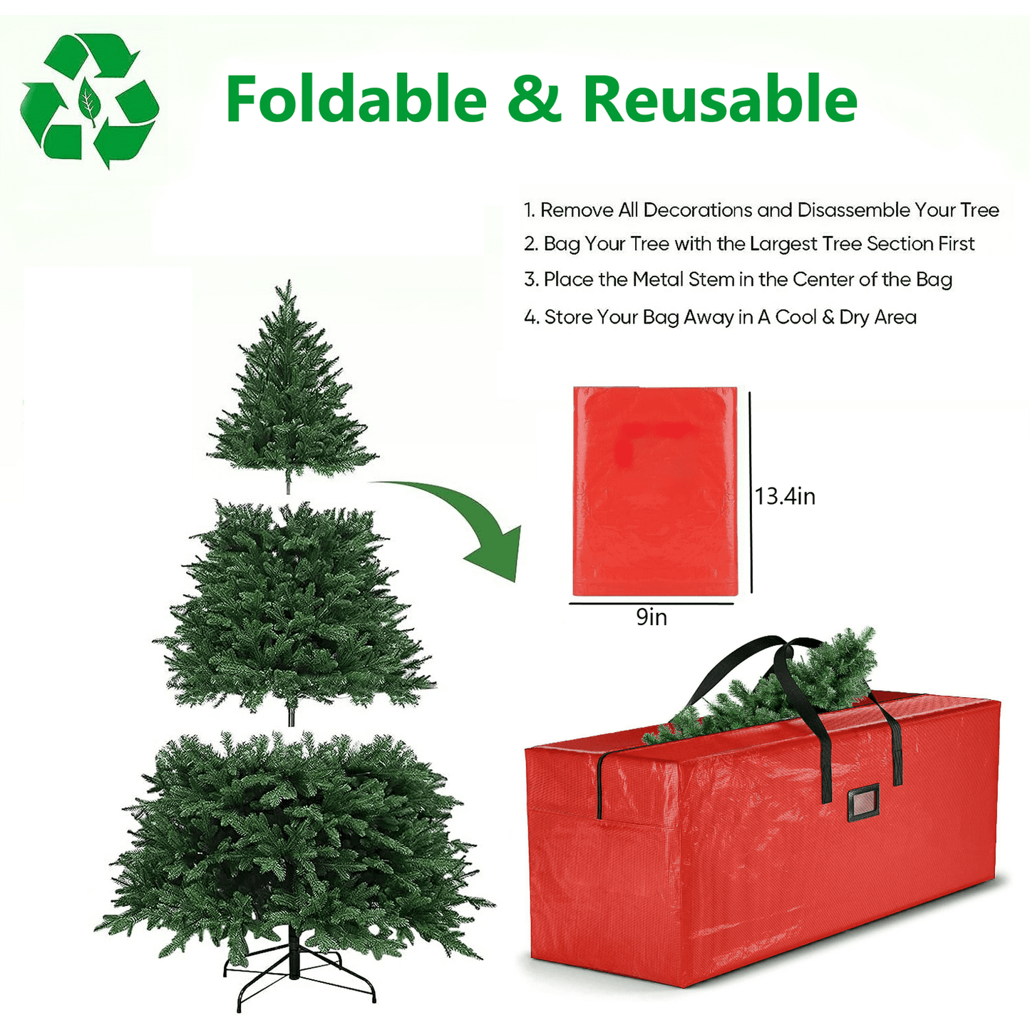 Christmas Tree Storage Bag - Fits 7.5 ft Disassembled Trees with 48"x15"x20" Zippered Handles Red